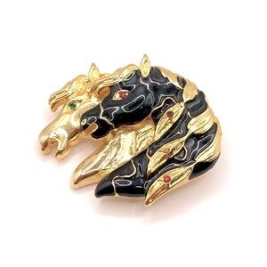 Gold-Tone and Black Enamel Double Horse Head Brooch